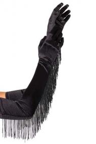 satin length gloves with fringe trim