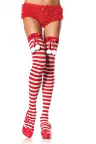 Nylon striped thigh highs with pom pom